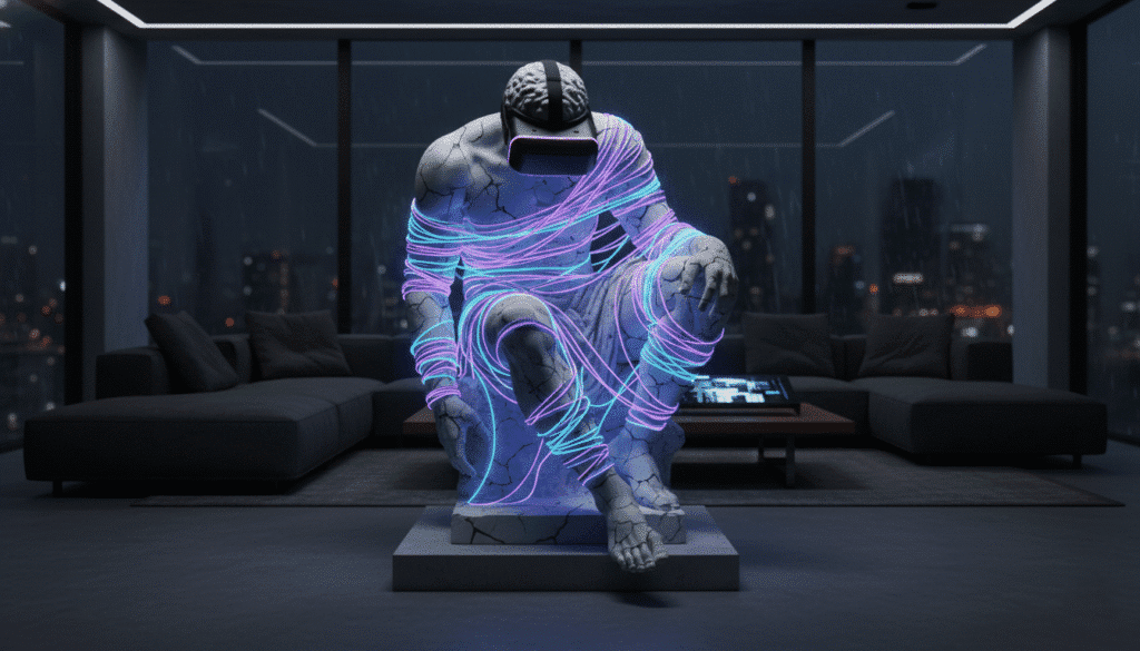 Escultura de um guerreiro forte aprisionado por cabos de luz neon e um headset de realidade virtual, simbolizando a ambição anestesiada pelo vício em dopamina e conforto digital.