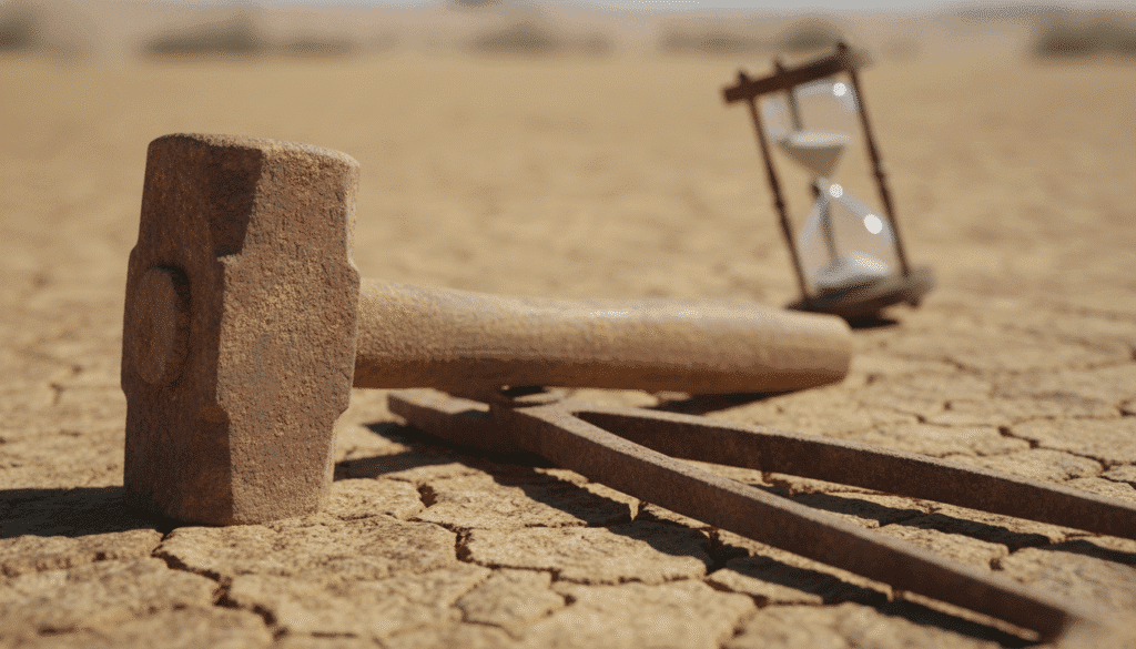 Ferramentas de forja antigas e enferrujadas enterradas na terra seca ao lado de uma ampulheta vazia, representando o potencial desperdiçado, a preguiça espiritual e a falta de ambição e propósito do homem moderno.
