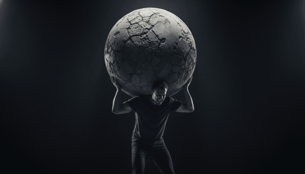 Homem carregando uma esfera de concreto gigante nas costas, simbolizando o peso da ansiedade e a exaustão causada pela ilusão do controle.