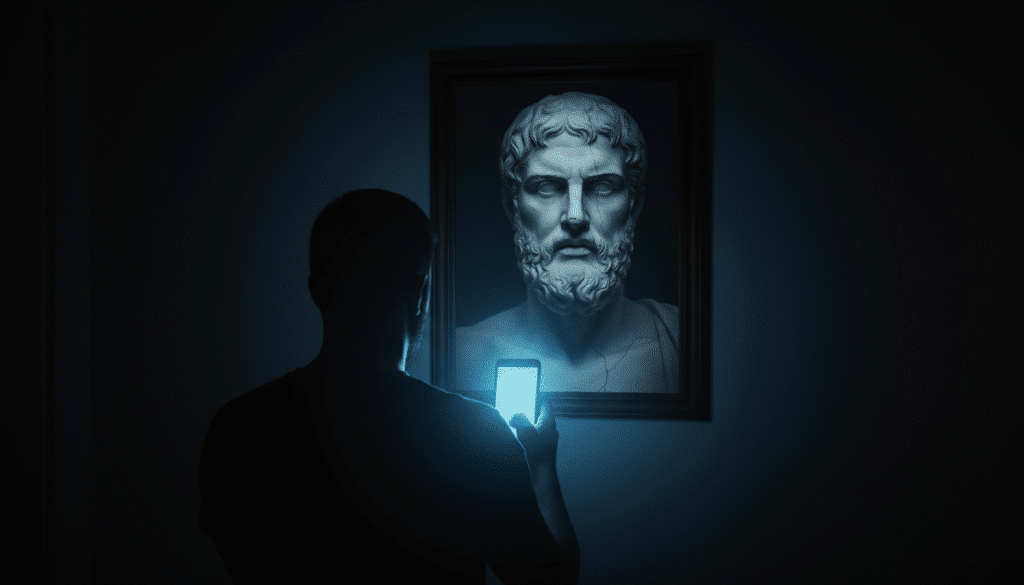 Homem no escuro olhando para o celular, enquanto seu reflexo no espelho mostra um guerreiro estoico, simbolizando a procrastinação masculina e a batalha pela disciplina.