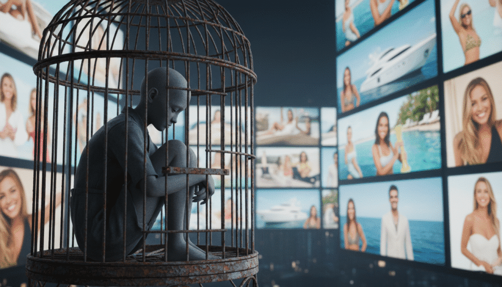 Pessoa triste presa em uma gaiola pequena olhando para telas gigantes com vidas perfeitas, simbolizando a ansiedade e depressão causadas pela comparação social nas redes.