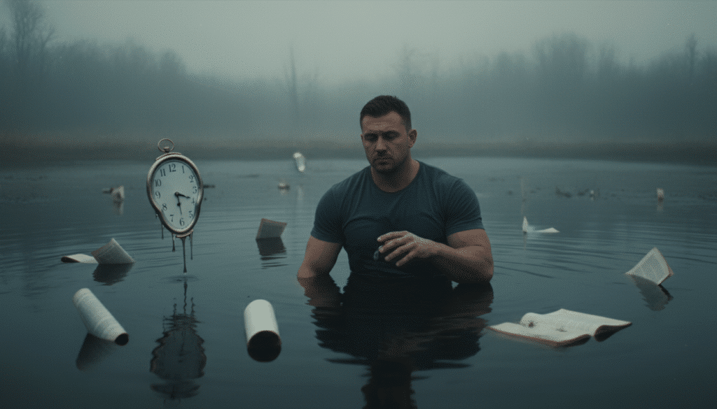 Simbolismo da procrastinação como preguiça bíblica: um homem forte atolado em um pântano de areia movediça, representando o potencial desperdiçado e a falta de domínio próprio.