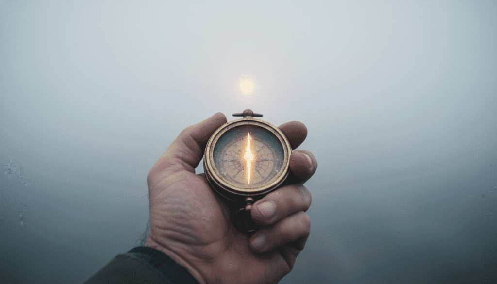 Visão em primeira pessoa de uma mão segurando uma bússola antiga em meio a uma neblina densa, simbolizando a fé prática e a confiança em Deus para guiar um passo de cada vez no desconhecido.