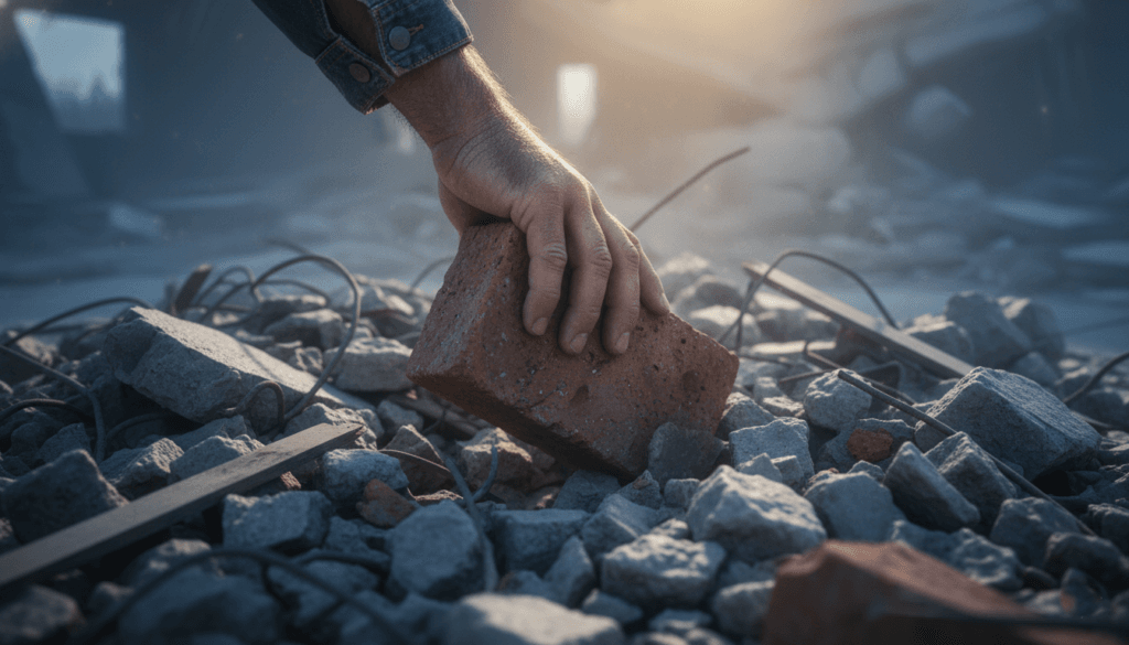 Mão masculina pegando um tijolo em meio a escombros, representando a persistência e o ato de recomeçar a vida do zero.