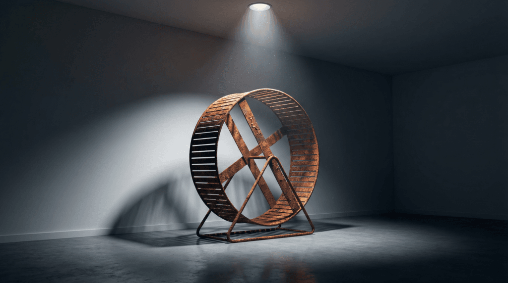 Roda de hamster vazia em escritorio escuro simbolizando a rotina repetitiva e vida no automatico